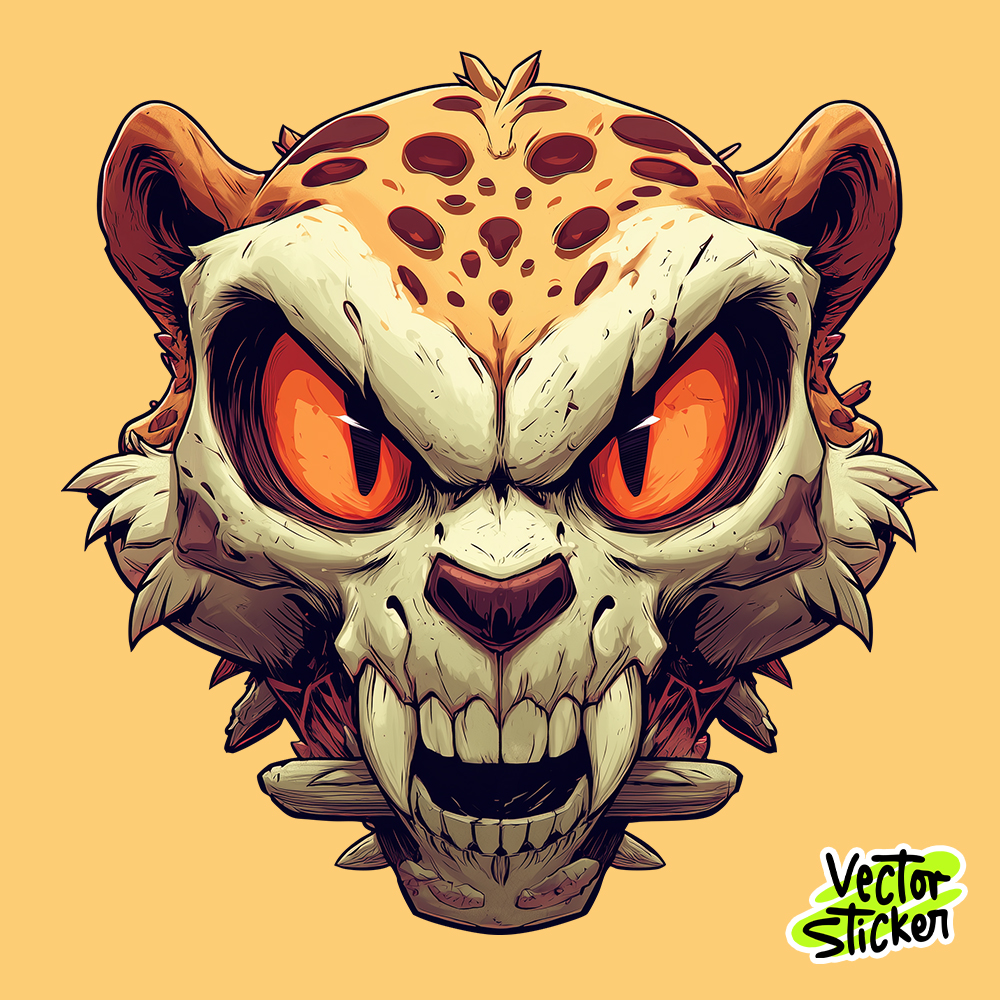 Cartoon Leopard Skull Illustration Sticker – Fierce Cartoon Big Cat Illustration