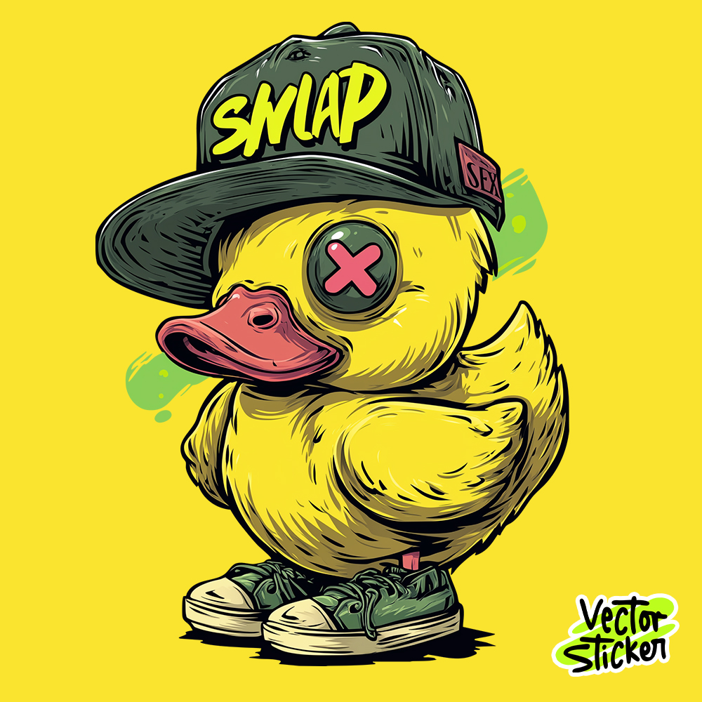 Graffiti Art Style Yellow Baby Duck Wearing Cap and Sneaker