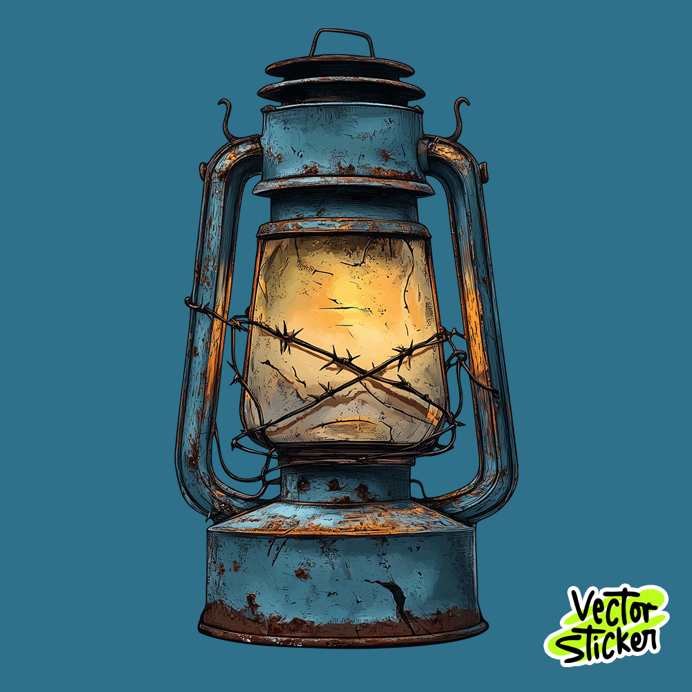 Vintage Lantern with Barbed Wire – Grunge Vector Sticker